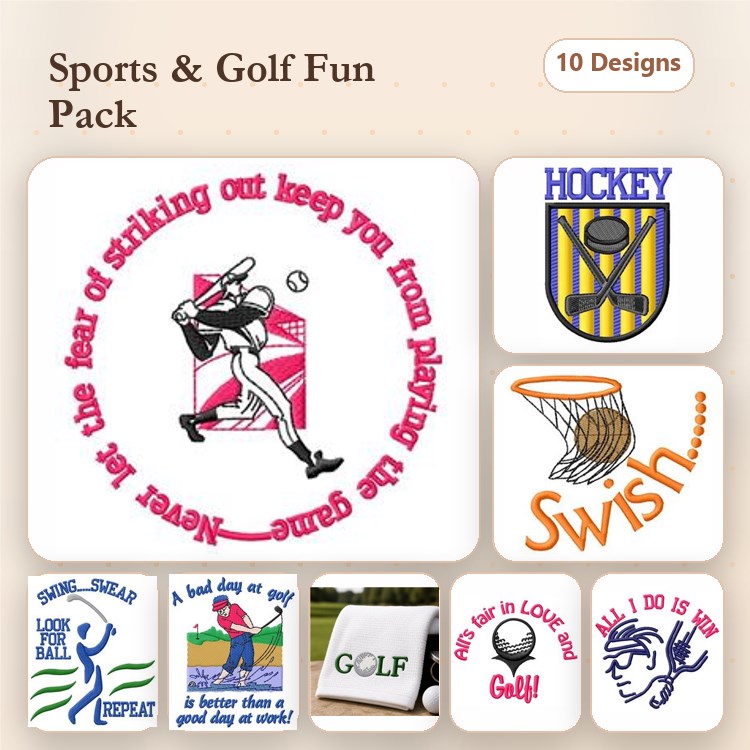 Sports and Golf Embroidery Designs Bundle – Golf Player, Hockey Emblem, Basketball Basket & More (10 Designs)