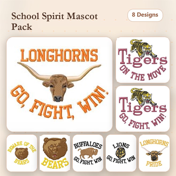 School Spirit Mascots Embroidery Designs Bundle – Longhorns, Tigers, Bears, Buffaloes & More (8 Designs)