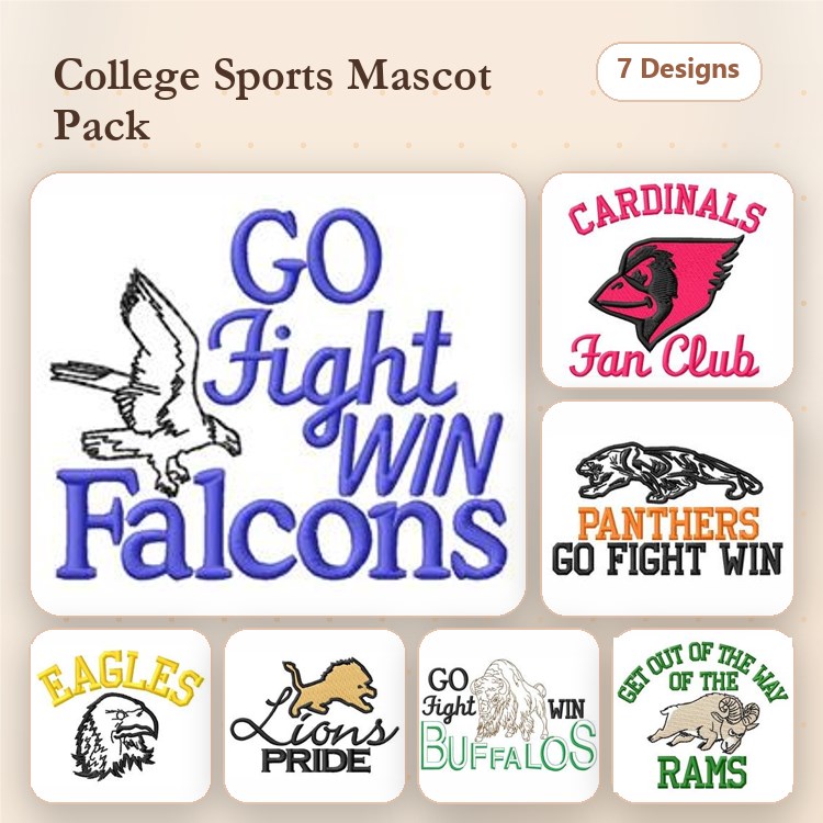 College Sports Mascots Embroidery Bundle – Falcons, Cardinals, Panthers, Eagles & More (7 Designs)