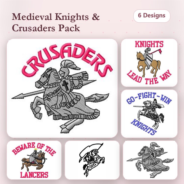 Medieval Knights Embroidery Designs Bundle – Crusaders, Knights Lead the Win, Go-Fight-Win Knights & More (6 Designs)