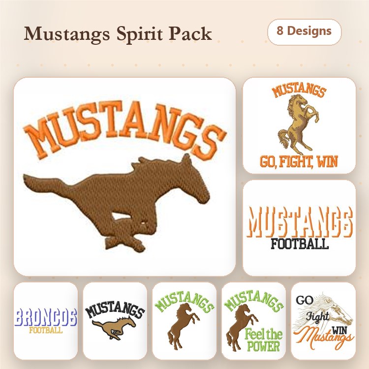 Mustangs Spirit Embroidery Designs Bundle – Mustangs, Go, Fight, Win, Feel the Power & More (8 Designs)