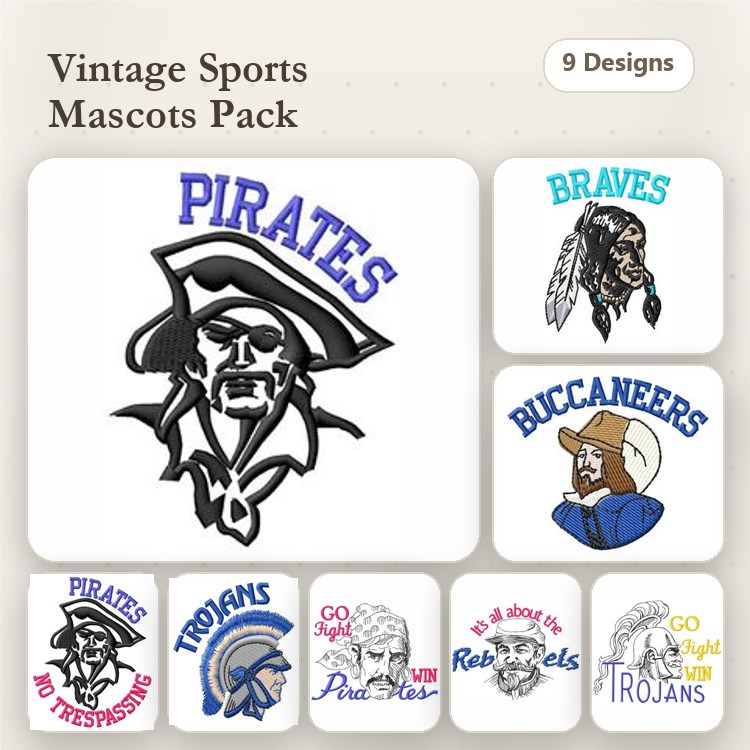 Vintage Sports Mascots Embroidery Bundle – Pirate Mascot, Braves Mascot, Buccaneers Mascot & More (9 Designs)