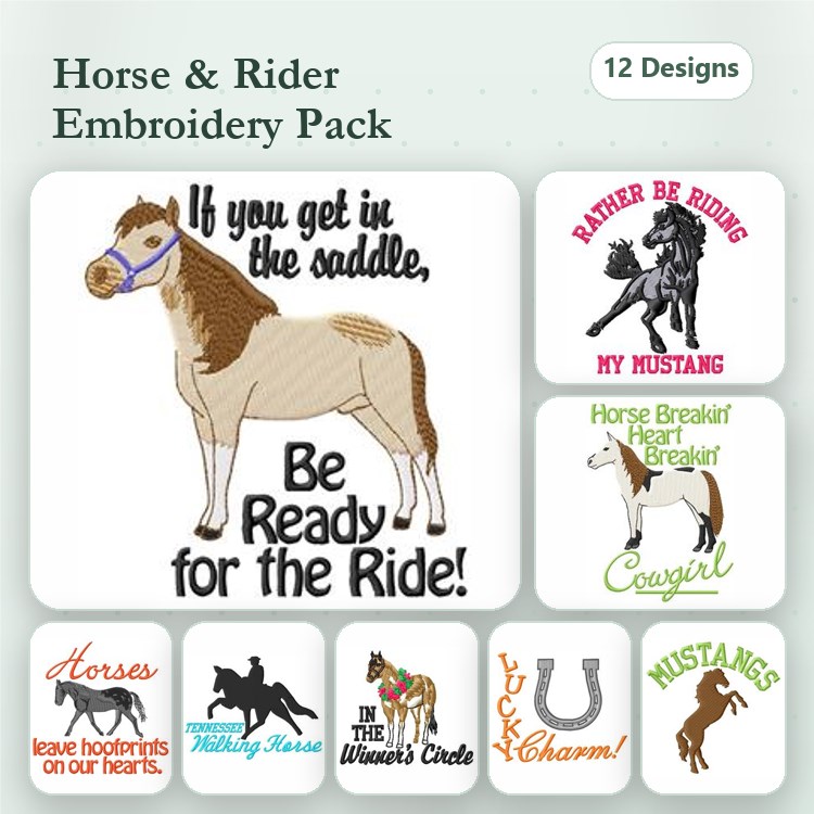 Horse and Rider Embroidery Designs Bundle – Saddle Pony, Mustang, Cowgirl & More (12 Designs)