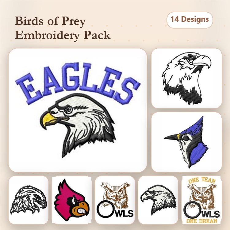Birds of Prey Embroidery Bundle – Eagle, Blue Jay, Cardinal, Owl & More (14 Designs)