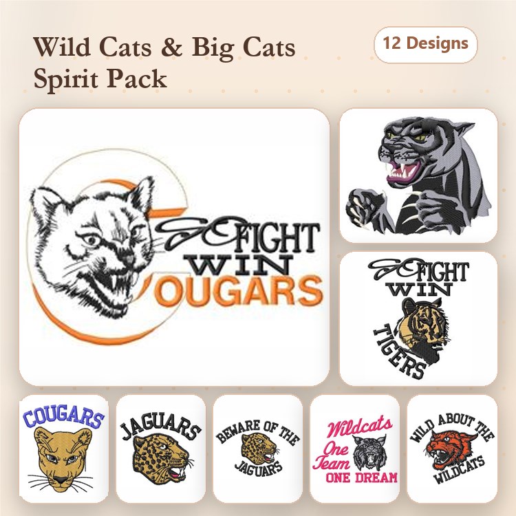 Wild Cats & Big Cats Embroidery Designs Bundle – Cougar, Jaguar, Tiger & More (12 Designs)
