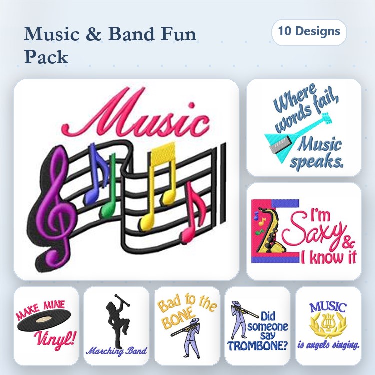 Music & Band Embroidery Designs Bundle – Music Notes, Saxy and I Know It, Marching Band & More (10 Designs)
