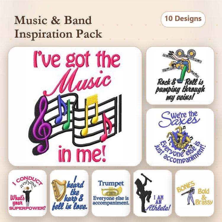 Music and Band Themes Embroidery Designs Bundle – I've Got the Music in Me, Rock & Roll is Pumping Through My Veins & More (10 Designs)