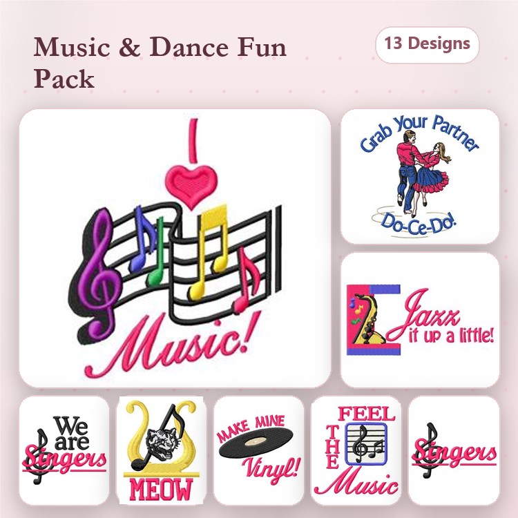 Music and Dance Embroidery Designs Bundle – Grab Your Partner, Jazz It Up a Little, We Are Singers & More (13 Designs)