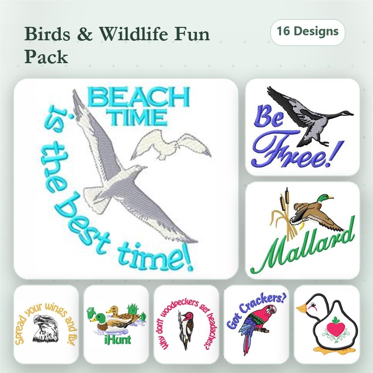 Birds & Wildlife Embroidery Bundle – Seagull, Mallard Duck, Beach Time & More (16 Designs)