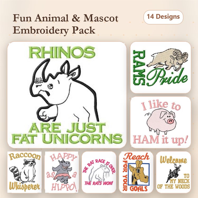 Funny Animal Embroidery Designs Bundle – Rhino, Pig, Raccoon, Hippo & More (14 Designs)
