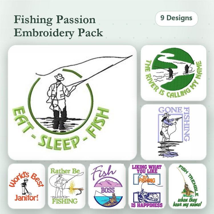 Fishing Embroidery Designs Bundle – Eat Sleep Fish, Gone Fishing, Fishing Is Happiness & More (9 Designs)