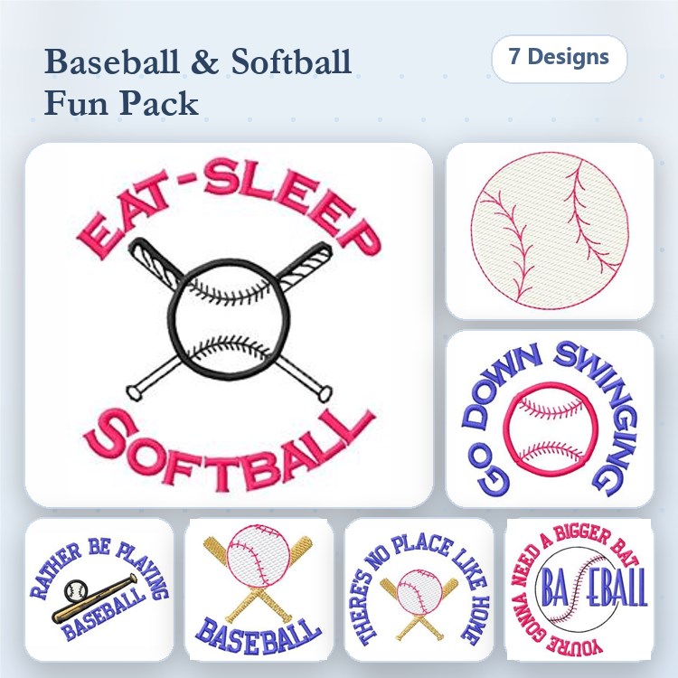 Baseball and Softball Embroidery Bundle – Eat-Sleep-Softball, Go Down Swinging, Parent of a Player & More (7 Designs)