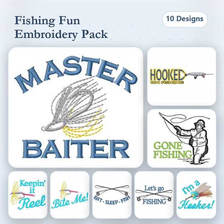 Fishing Phrases & Gear Embroidery Designs Bundle – Master Baiter, Hooked On Fishing, Gone Fishing & More (10 Designs)