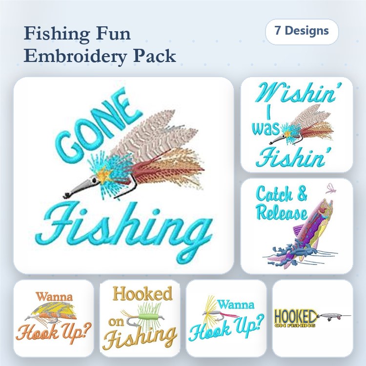Fishing Embroidery Designs Bundle – Gone Fishing, Catch & Release, Wishin' I was Fishin' & More (7 Designs)