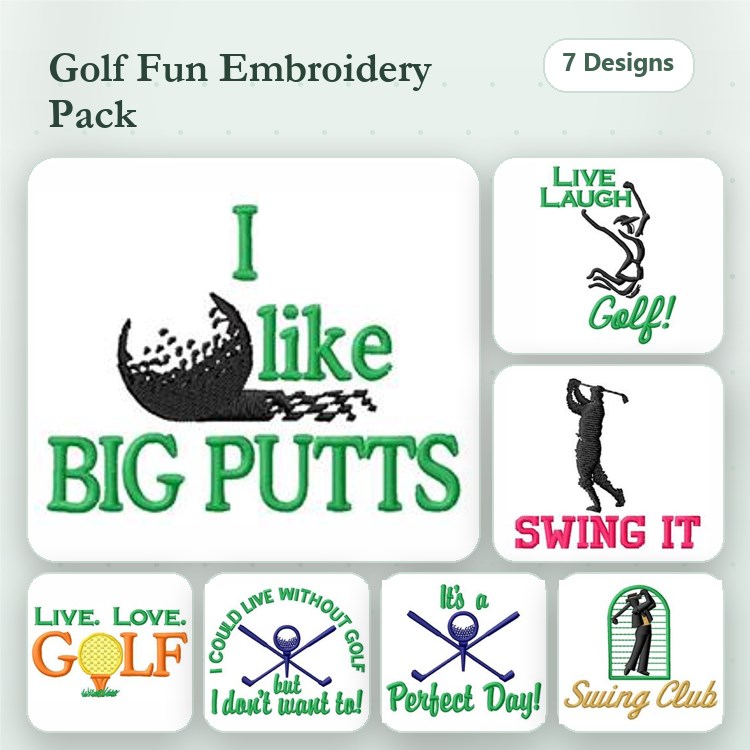 Golfing Phrases Embroidery Designs Bundle – I like BIG PUTTS, Live Laugh Golf!, SWING IT & More (7 Designs)