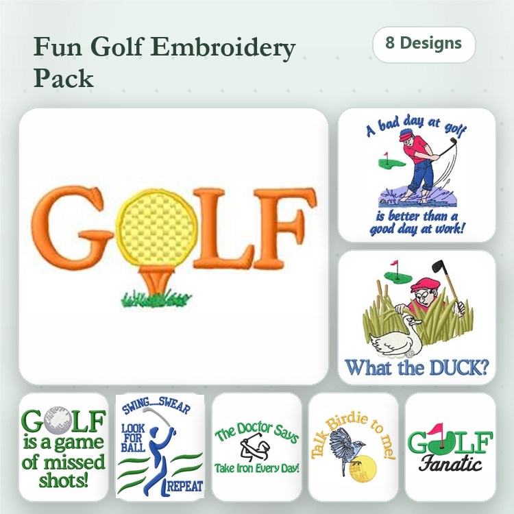 Golf Humor Embroidery Designs Bundle – Golf Ball, Golf Fanatic, What the Duck? & More (8 Designs)