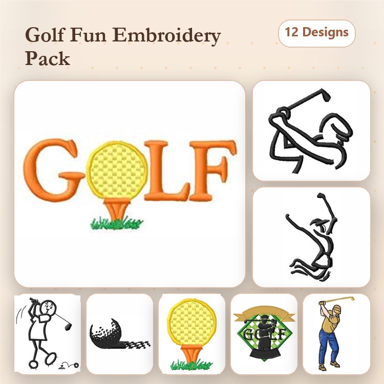 Golf Embroidery Designs Bundle – Golf Ball, Golfer Swinging, Golf Course Scene & More (12 Designs)