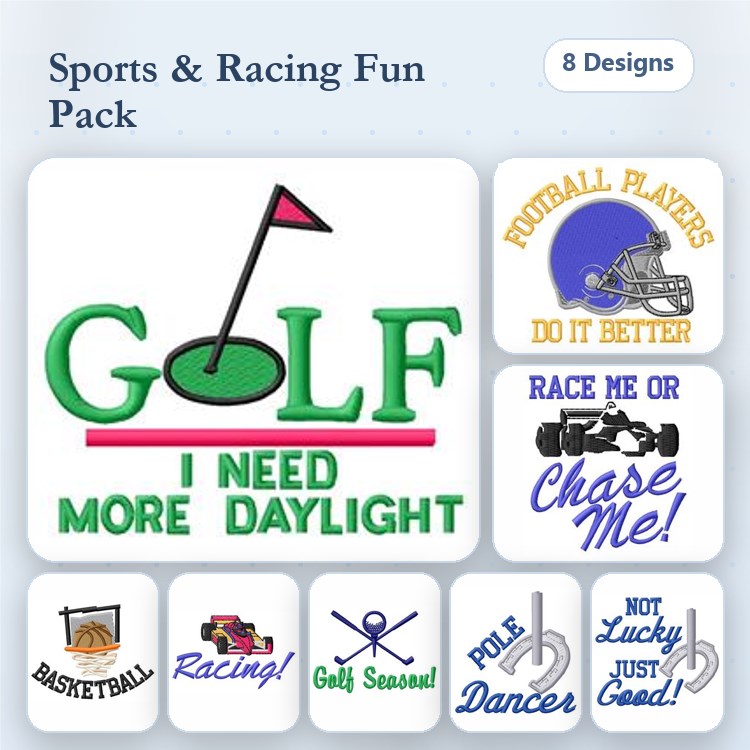 Sports & Racing Embroidery Designs Bundle – Golf, Football Player, Race Car & More (8 Designs)