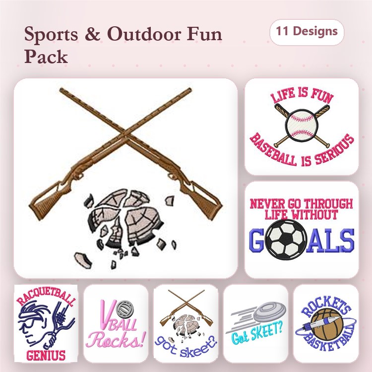 Sports and Outdoor Activities Embroidery Designs Bundle – Baseball and Bats, Soccer Ball, Life is Fun & More (11 Designs)