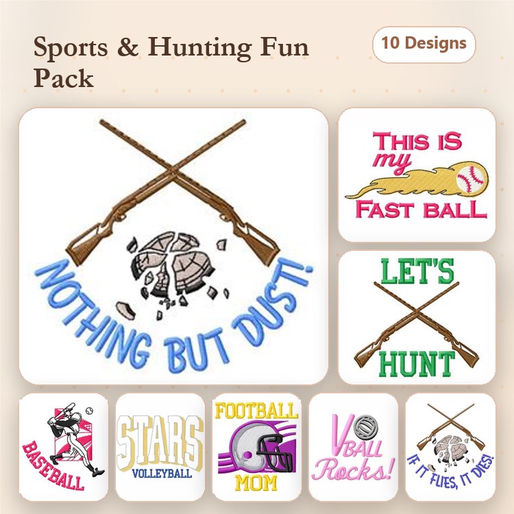 Sports & Hunting Embroidery Designs Bundle – Hunting Crossed Guns, Baseball, Football Mom & More (10 Designs)