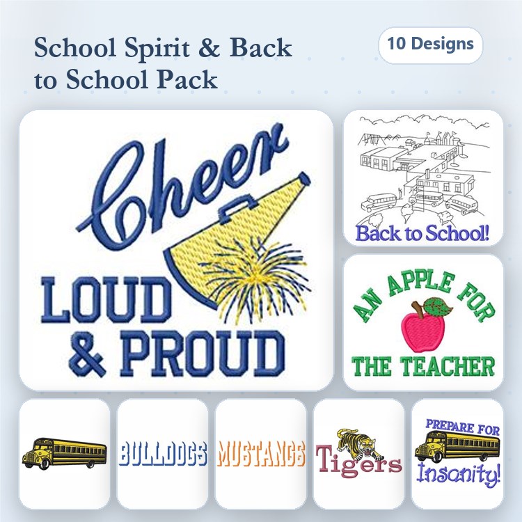 School Spirit Embroidery Bundle – Cheer Loud & Proud, An Apple for the Teacher, Bulldogs & More (10 Designs)