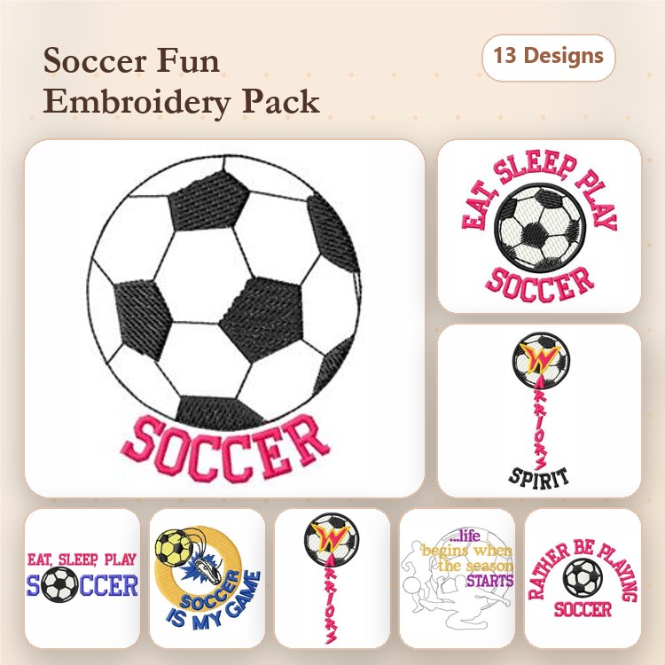 Soccer-Themed Embroidery Designs Bundle – Soccer Ball, Eat Sleep Play Soccer, Spirit & More (13 Designs)