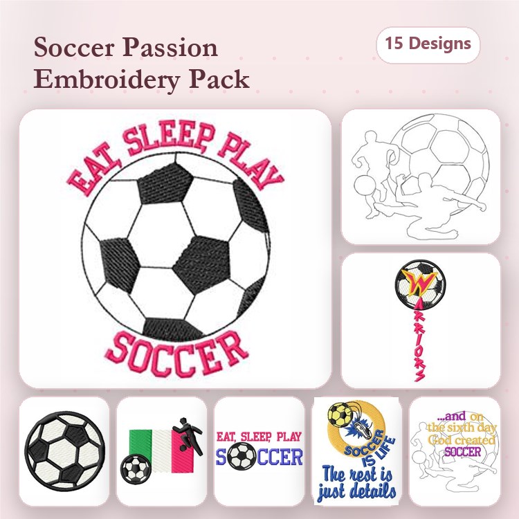 Soccer Embroidery Designs Bundle – Soccer Ball, Eat Sleep Play Soccer, Silhouette & More (15 Designs)