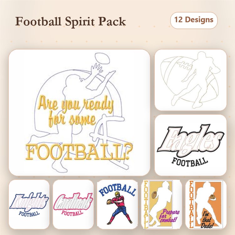 Football-Themed Embroidery Designs Bundle – Football Silhouette, Eagles Football, Football Player & More (12 Designs)