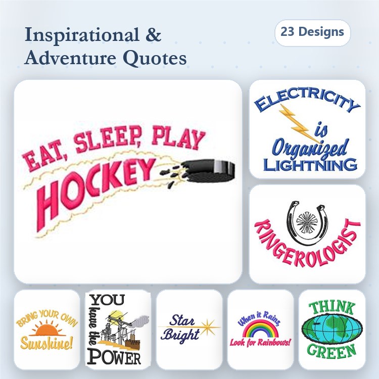 Inspirational Adventure Quotes Embroidery Designs Bundle – Eat Sleep Play Hockey, Bring Your Own Sunshine, & More (23 Designs)