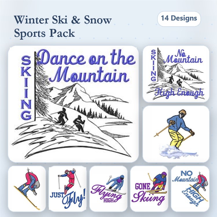 Winter Skiing & Snow Sports Embroidery Designs Bundle – Dance on the Mountain, No Mountain High Enough & More (14 Designs)