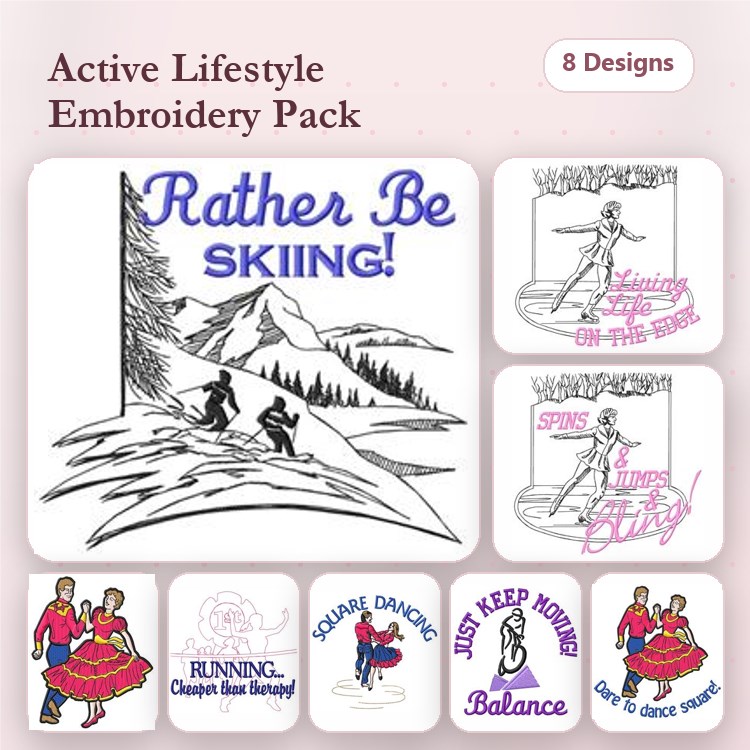 Active Lifestyle Embroidery Designs Bundle – Skiing, Running, Dancing & More (8 Designs)