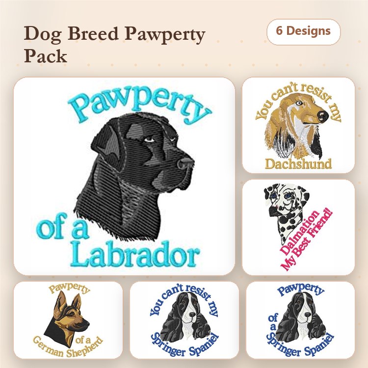 Dog Breed Embroidery Bundle – Labrador, Dachshund, Dalmatian & More (6 Designs)