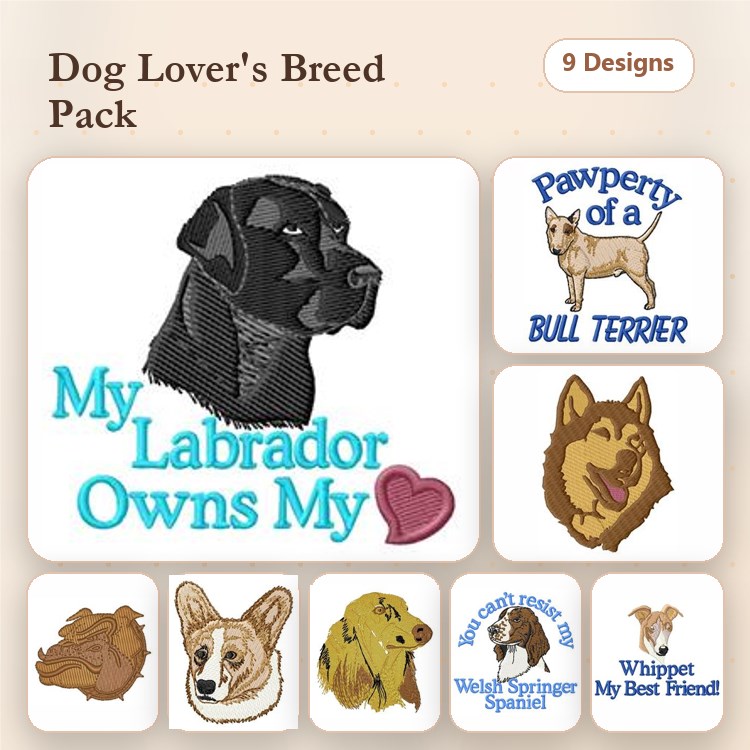 Dog Breed Embroidery Bundle – Bull Terrier, Siberian Husky & More (5 Designs)