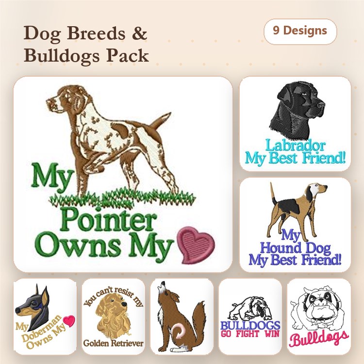 Bulldog & Labrador Embroidery Bundle – Dog Breeds (9 Designs)