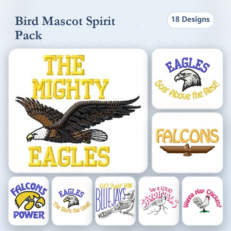 Bird Mascots & Team Spirit Embroidery Bundle – The Mighty Eagles, Fly Eagles Fly, Cheer for the Falcons & More (18 Designs)