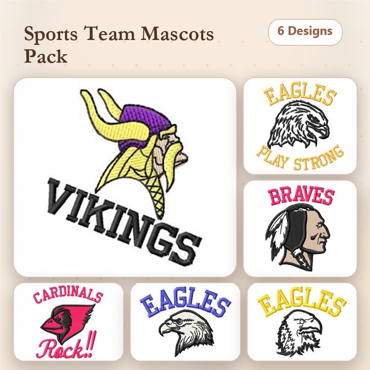Sports Team Mascots Embroidery Designs Bundle – Vikings Mascot, Eagles Play Strong, Braves Mascot & More (6 Designs)