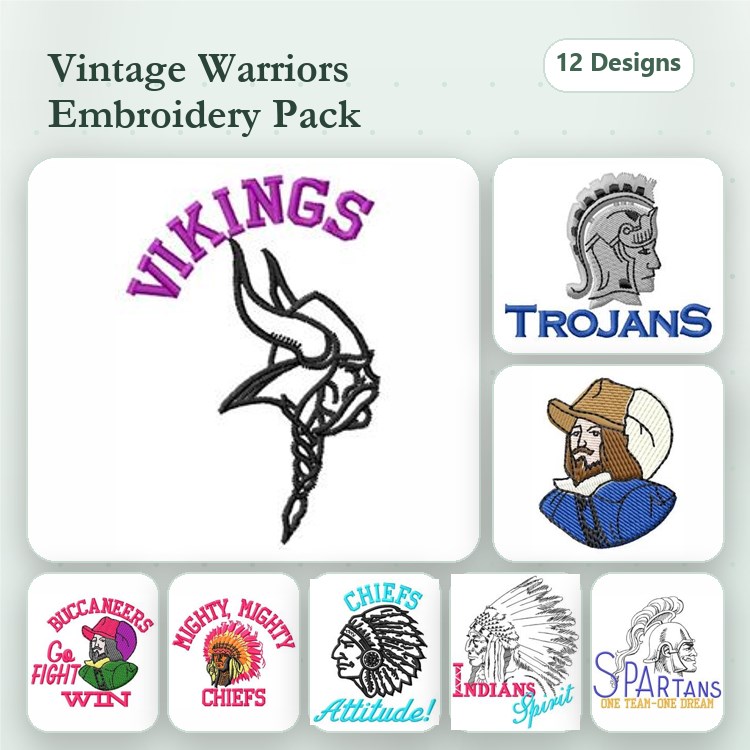 Vintage Warrior Mascots Embroidery Bundle – Vikings, Trojans, Chiefs, Spartans & More (12 Designs)