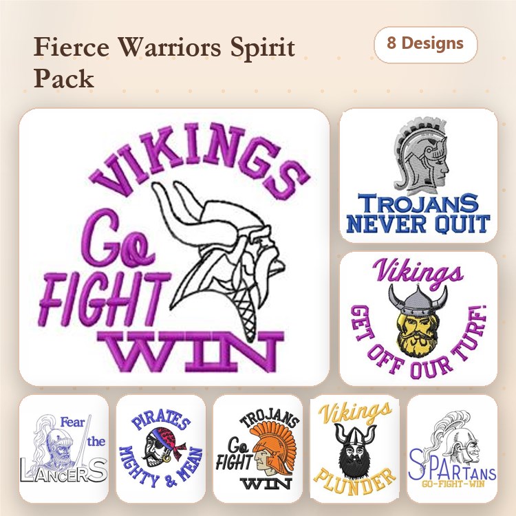 Sports Team Spirit Embroidery Designs Bundle – Vikings Go Fight Win, Trojans Never Quit, Pirates Fight and Win & More (8 Designs)
