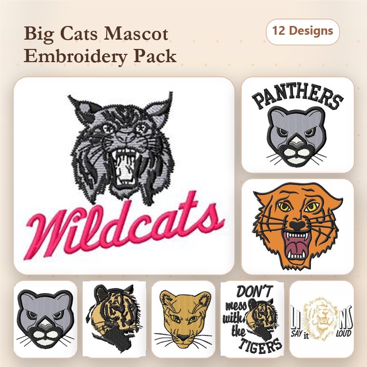Big Cats Mascot Embroidery Bundle – Wildcats, Panthers, Tiger Head & More (12 Designs)