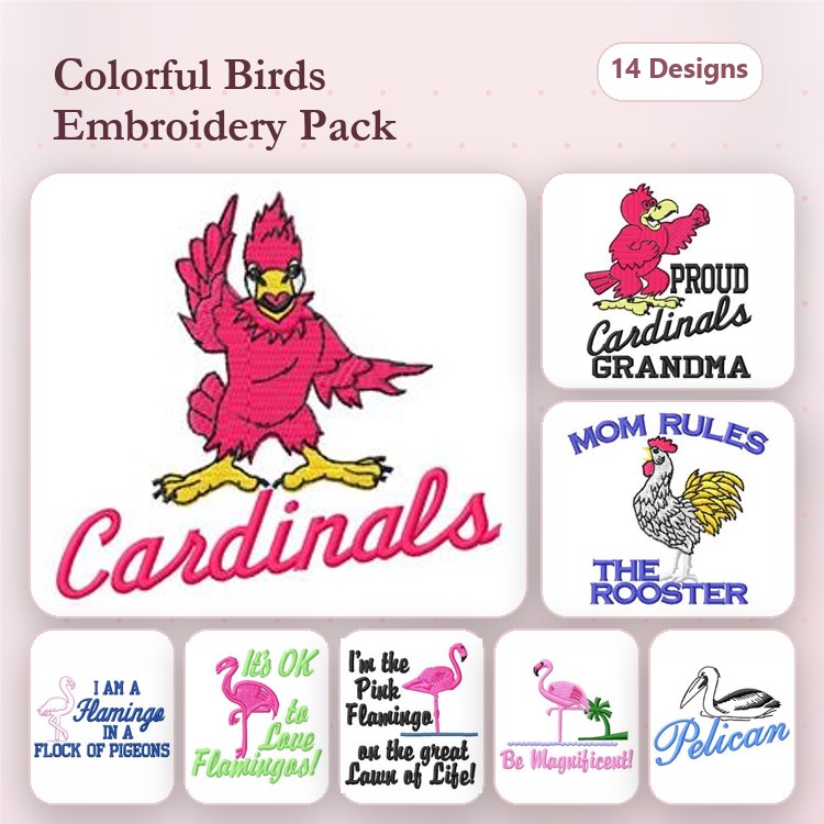 Colorful Bird Embroidery Bundle – Cardinal, Flamingo, Rooster, Pelican & More (14 Designs)