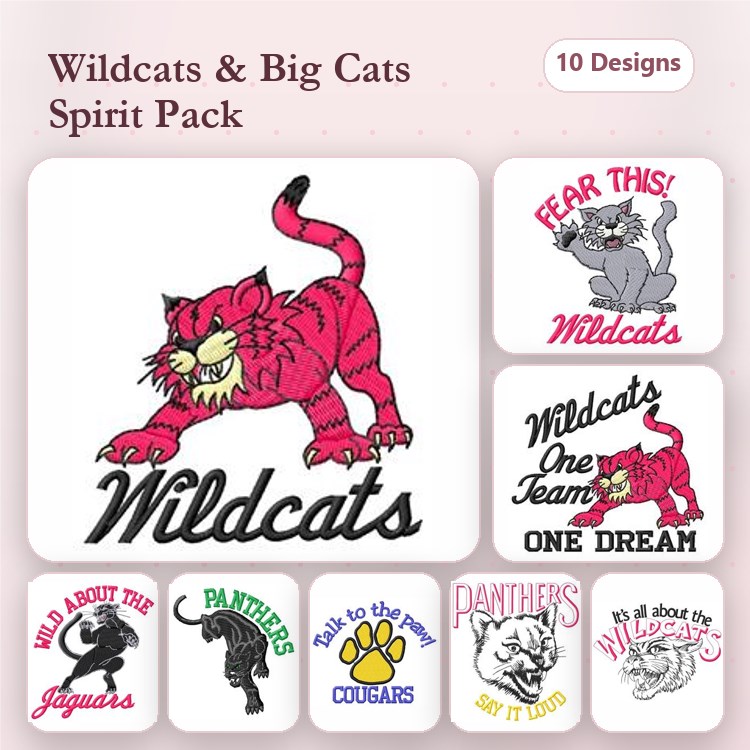 Wildcats and Big Cats Spirit Embroidery Designs Bundle – Wildcat Mascot, Cougars, Panthers & More (10 Designs)