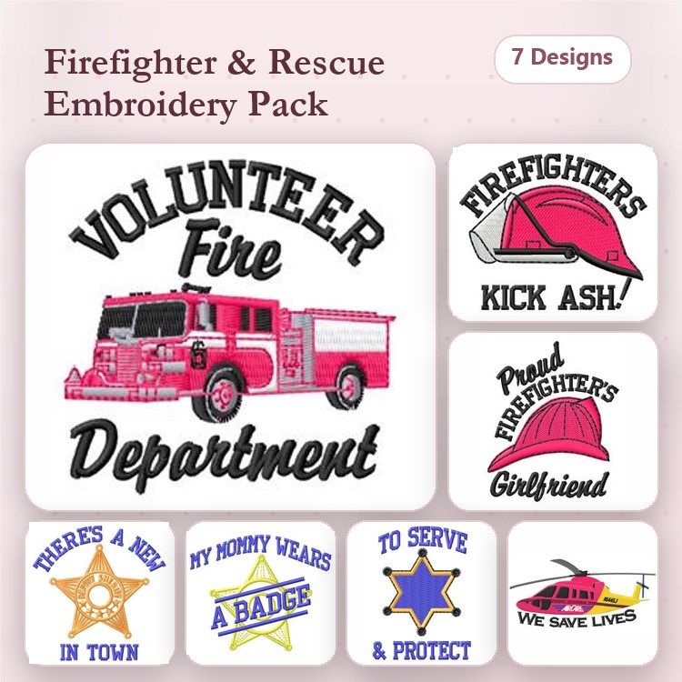 Firefighter & Rescue Themes Embroidery Designs Bundle – Volunteer Fire Department, Firefighters Kick Ash, & More (7 Designs)
