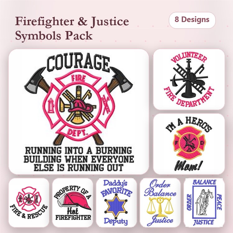 Firefighter & Justice Symbols Embroidery Designs Bundle – Courage Fire Dept Emblem, Volunteer Fire Department, & More (8 Designs)