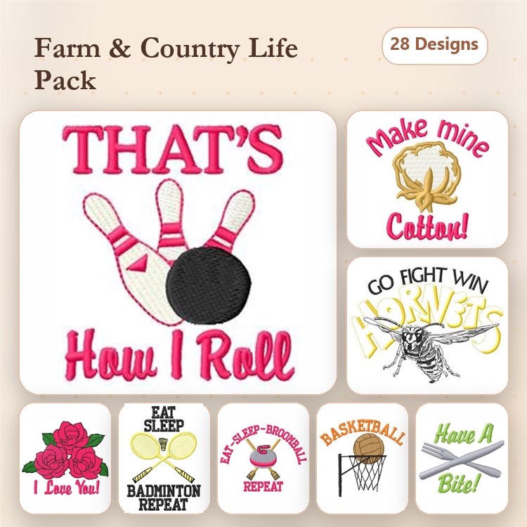 Country and Farm Lifestyle Embroidery Designs Bundle – Bowling, Cotton Plant, Hornet, Rose & More (28 Designs)