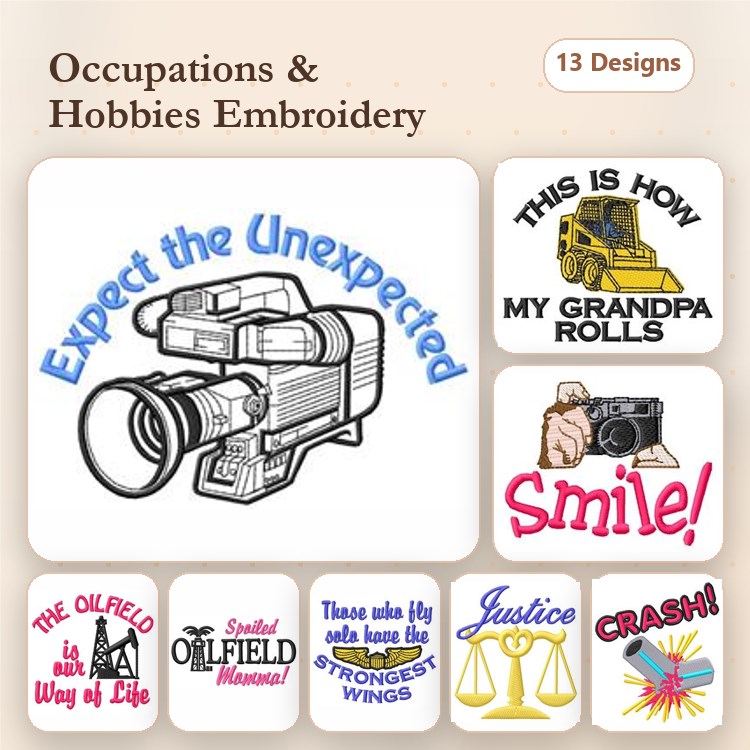 Occupations and Hobbies Embroidery Designs Bundle – Video Camera, Construction Equipment, Justice Scales & More (13 Designs)