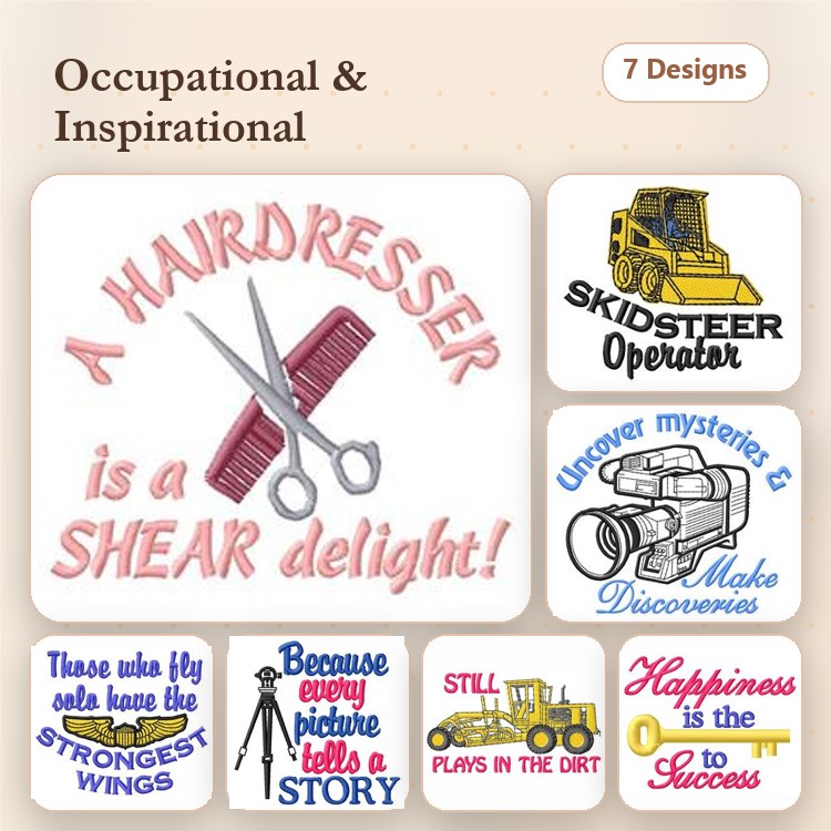 Occupational & Inspirational Embroidery Designs Bundle – Hairdresser Scissors, Skid Steer Operator, Camera & More (7 Designs)