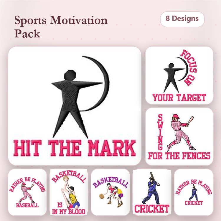 Sports Motivation Embroidery Designs Bundle – Hit the Mark, Focus on Your Target, Swing for the Fences & More (8 Designs)