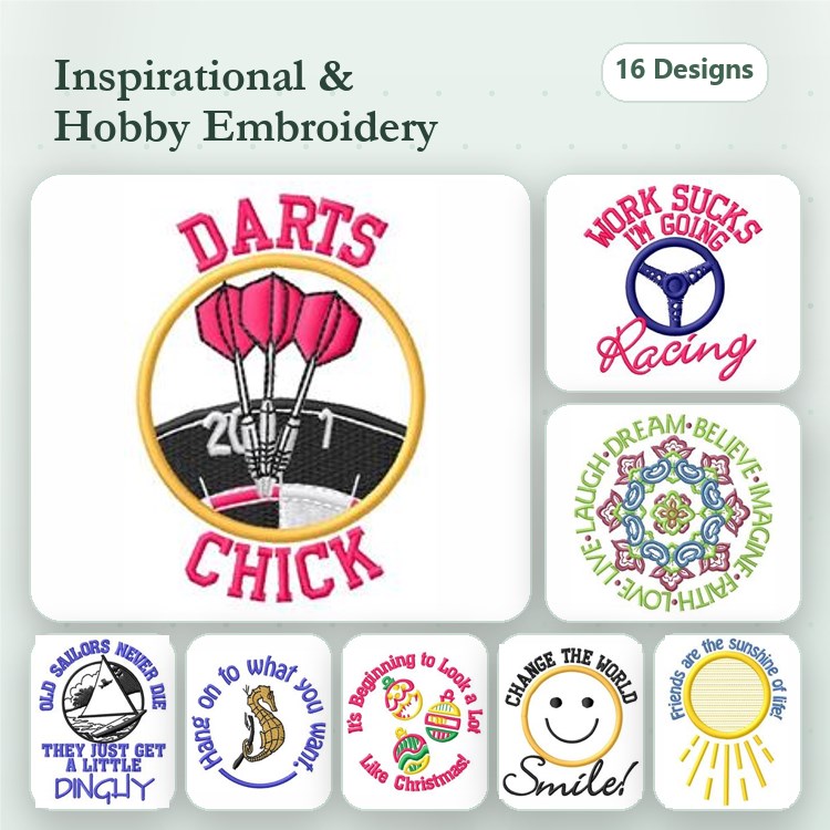 Inspirational and Hobby Embroidery Designs Bundle – Darts Chick, Racing, Work Sucks in Golf & More (16 Designs)