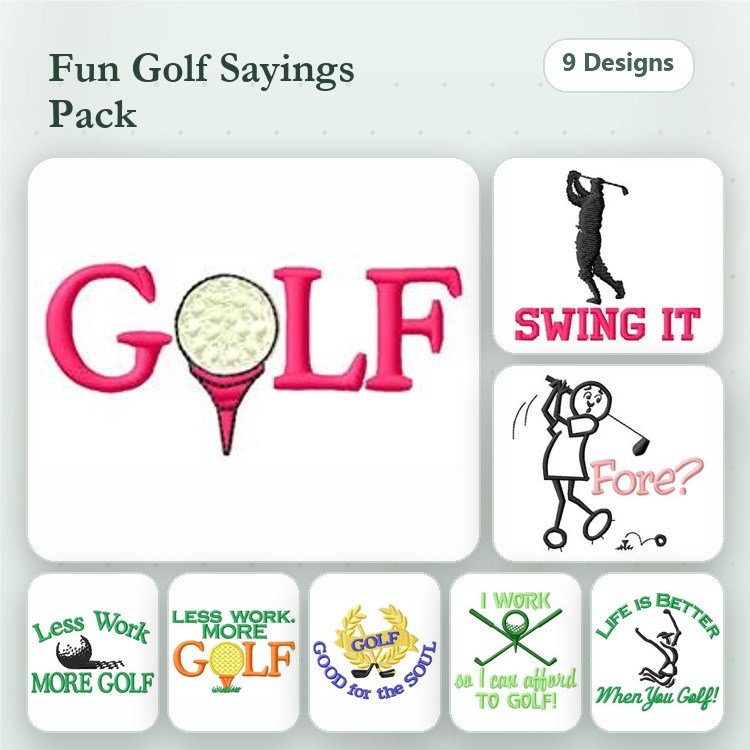 Golf Sayings & Illustrations Embroidery Designs Bundle – Golf Ball on Tee, Swing It, Fore & More (9 Designs)