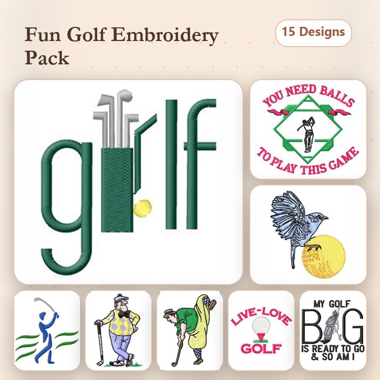 Golf Themed Embroidery Designs Bundle – Golf Clubs, Golfer Swinging, Funny Golf Quote & More (15 Designs)